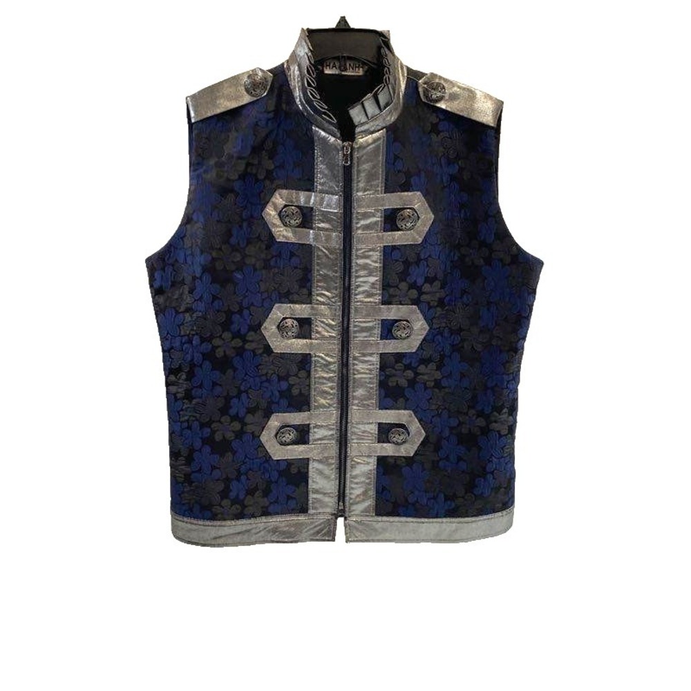 Ha & Anh Brocade Military Vest Blue Black Floral Steampunk Gothic Womens L